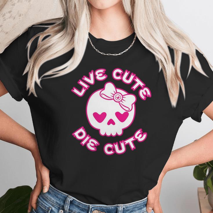 Pastel Goth Live Cute Die Cute Skull Bow And Heart Shape Unisex T-Shirt Gifts for Her