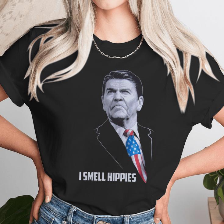 I Smell Hippies Funny Ronald Reagan Conservative Merica Usa Unisex T-Shirt Gifts for Her