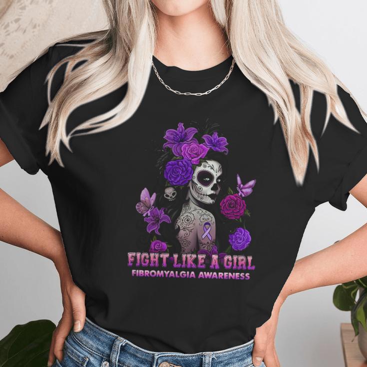 Sugar Skull Fight Like A Girl Fibromyalgia Awareness Shirt Unisex T-Shirt Gifts for Her