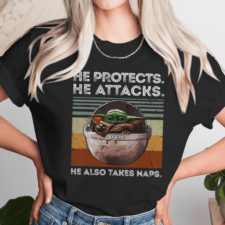 Vintage Baby Yoda He Protects He Attacks He Also Takes Naps Shirt Unisex T-Shirt Gifts for Her