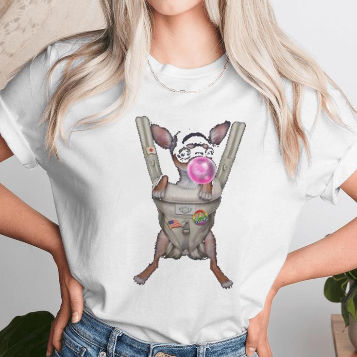 Black Chihuahua Dog In Baby Carrier With Bubble Gum Unisex T-Shirt Gifts for Her