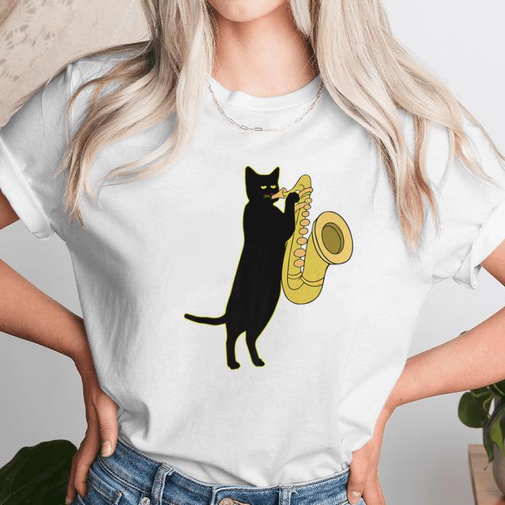 Cat Playing Saxophone Shirt Cool Wind Instrument Sax Gift Unisex T-Shirt Gifts for Her