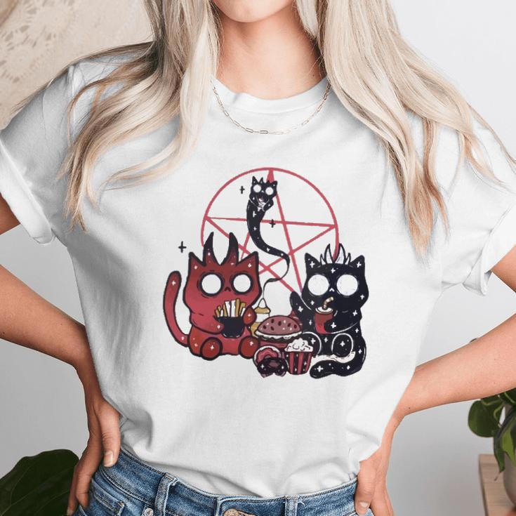 Kawaii Pastel Goth Art Cute Demon Cats Pentagram Fries Chill Unisex T-Shirt Gifts for Her