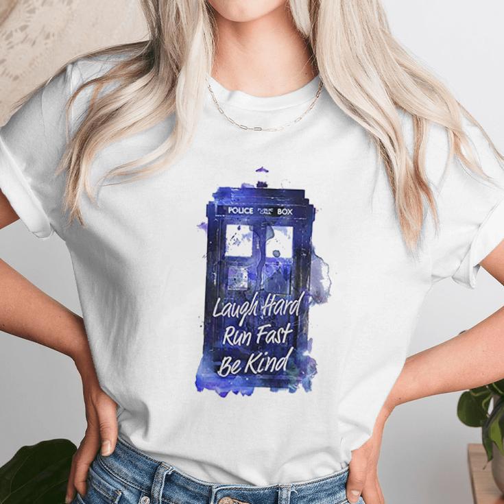 Ripple Junction Doctor Who Laugh Hard Run Fast Watercolor Tardis Junior Unisex T-Shirt Gifts for Her