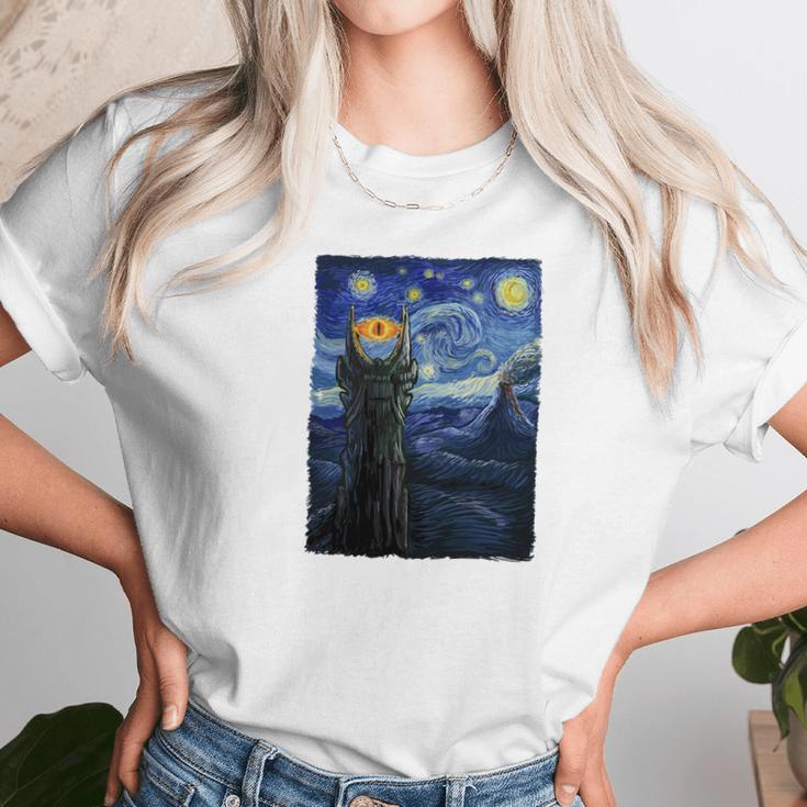 Vincent Van Gogh The Starry Night With Lord Of The Rings Middle Earth Sauron Tower Evil Eye Tshirt Unisex T-Shirt Gifts for Her