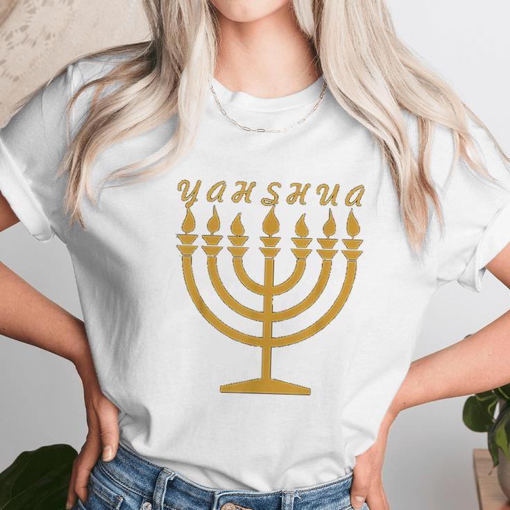 Yahshua Menorah Hebrew Israelite Yahweh Yeshua Torah Unisex T-Shirt Gifts for Her