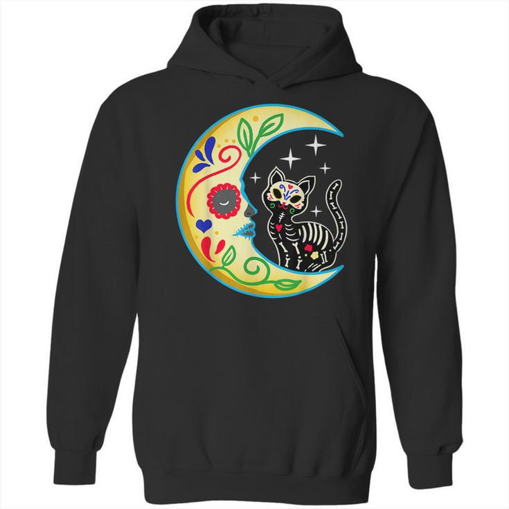 Cat Moon Sugar Skull Dia De Los Muertos Day Of He Dead Hoodie