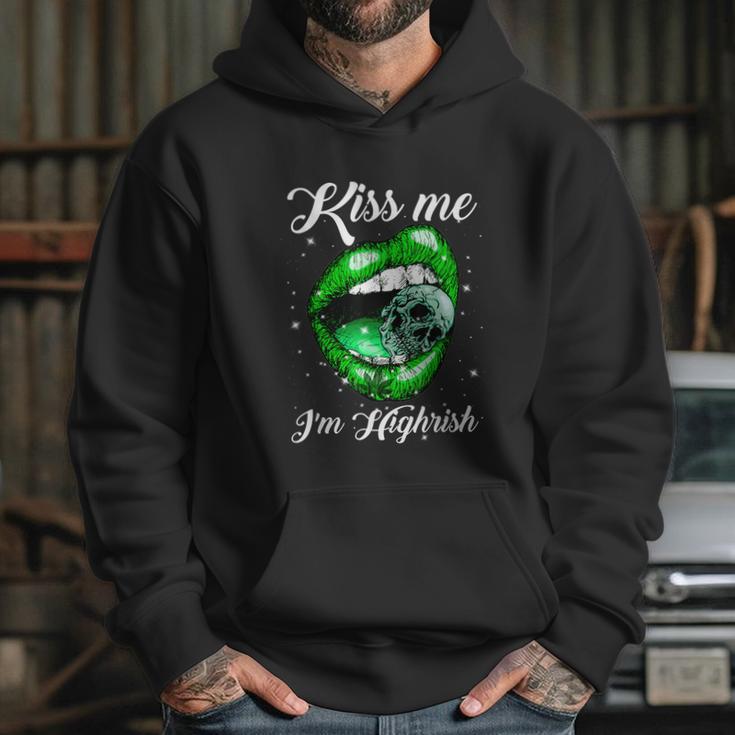 Kiss Me Im Highrish Cannabis Lips Weed Love Lips Cannabis Graphic Design Printed Casual Daily Basic Hoodie Gifts for Her