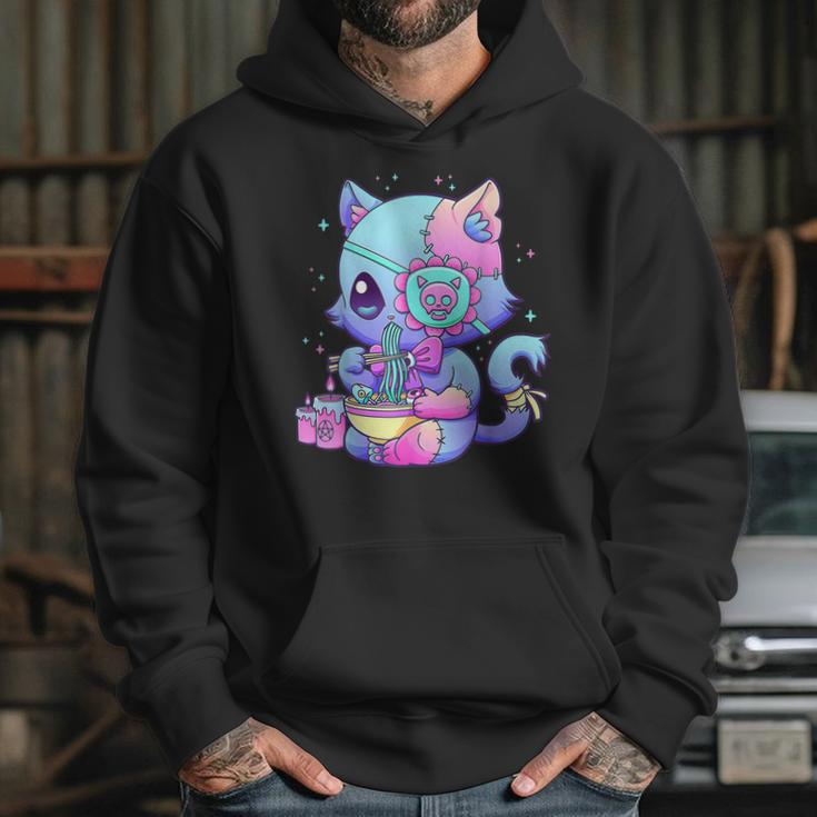 Pastel Goth Aestic Kawaii Creepy Cat Eating Ramen Noodles Hoodie Gifts for Her