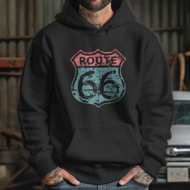 Historic American Route Icon Weathered Highway 66 Road Sign Hoodie Gifts for Her