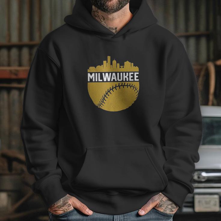 Vintage Downtown Milwaukee Wisconsin Skyline Baseball Hoodie Gifts for Her