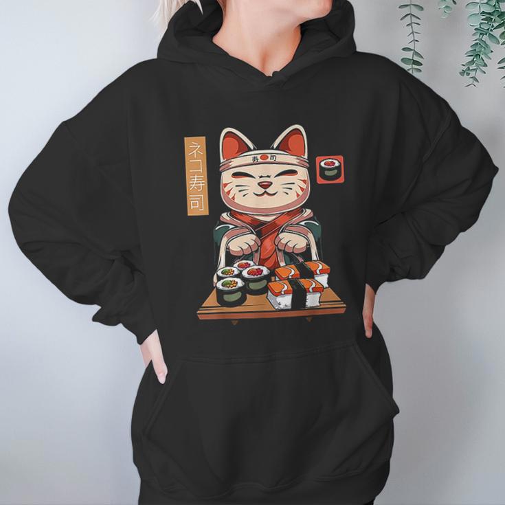 Kawaii Maneki Neko Sushi Bar Cute Sashimi Maki Roll Cat Hoodie Gifts for Women