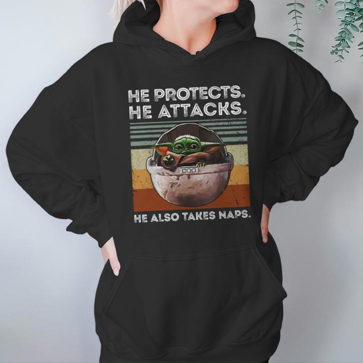 Vintage Baby Yoda He Protects He Attacks He Also Takes Naps Shirt Hoodie Gifts for Women