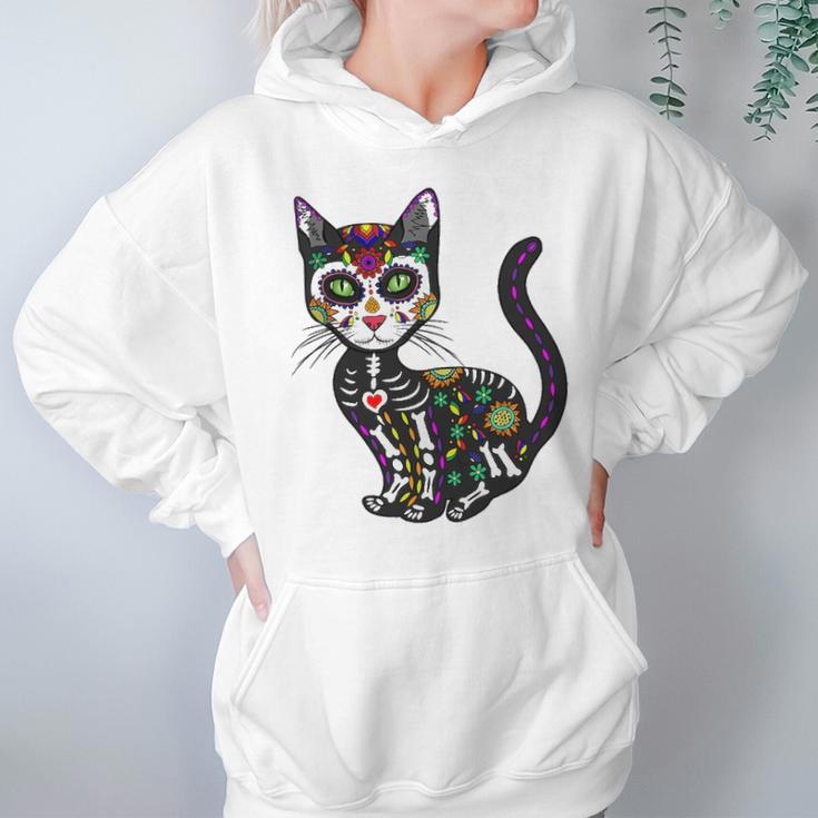 Cute Sugar Skull Mexican Cat Halloween Day Of The Dead Hoodie Gifts for Women