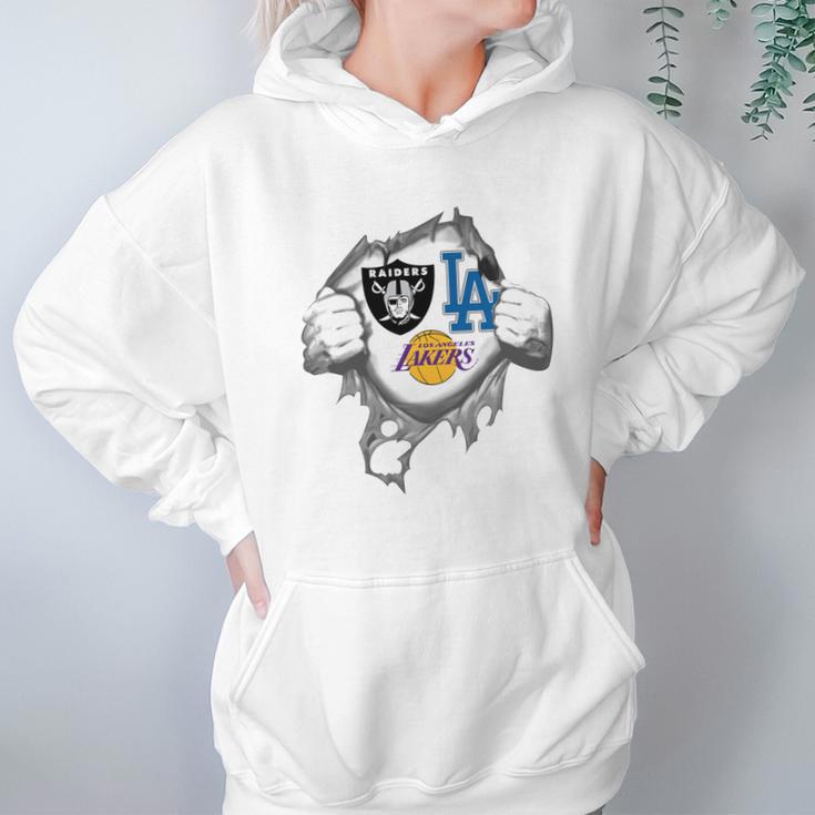 Oakland Raiders Los Angeles Lakers And Los Angeles Dodgers Heartbeat Shirt TshirtShirt Tee Hoodie Gifts for Women