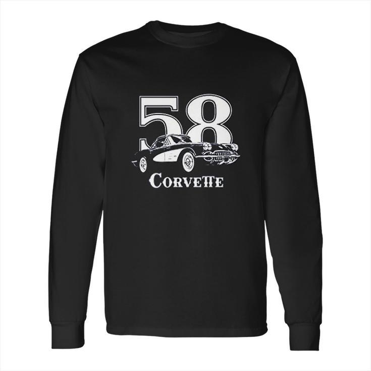 1958 Corvette Three Quarter View With Year And Model Dark Color Long Sleeve T-Shirt