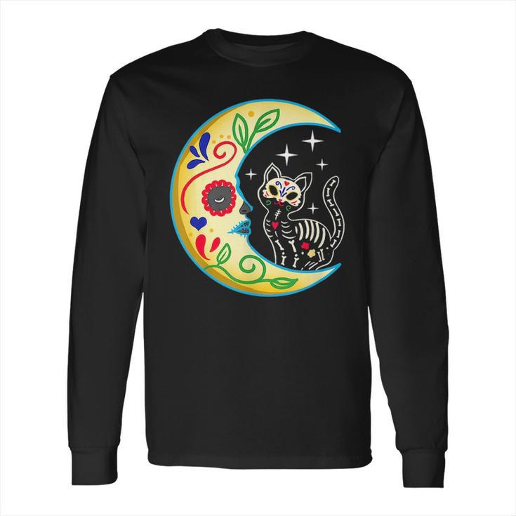 Cat & Moon Sugar Skull Dia De Los Muertos Day Of The Dead  V2 Long Sleeve T-Shirt