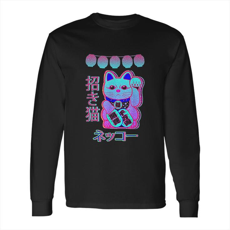 Cat Japanese Welcome Vaporwave Aesthetic Otaku | Maneki Neko Long Sleeve T-Shirt