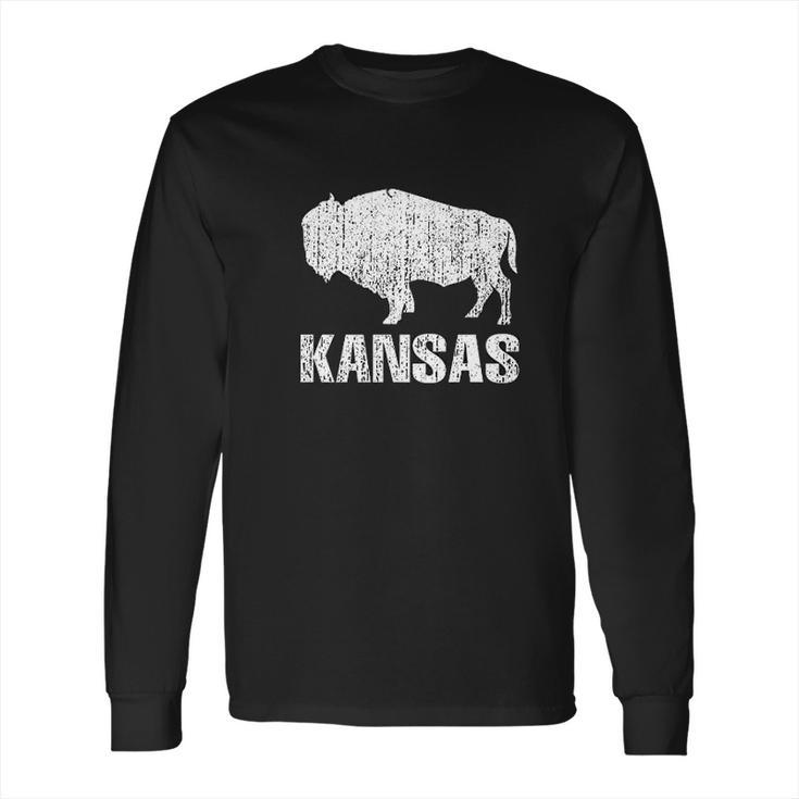 Distressed Kansas State And American Buffalo Bison Long Sleeve T-Shirt