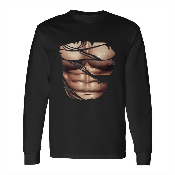 Fake Muscles Ripped Torn Chest Six Pack Abs Fitness Model Long Sleeve T-Shirt