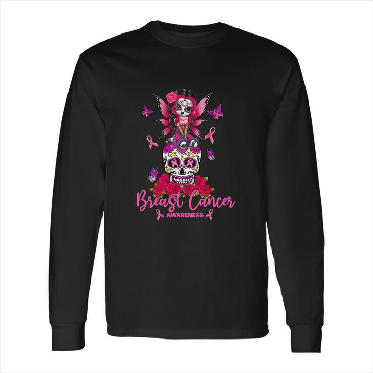 Funny Ribbon Like A Girl Sugar Skull Fight Breast Cancer Awareness Long Sleeve T-Shirt