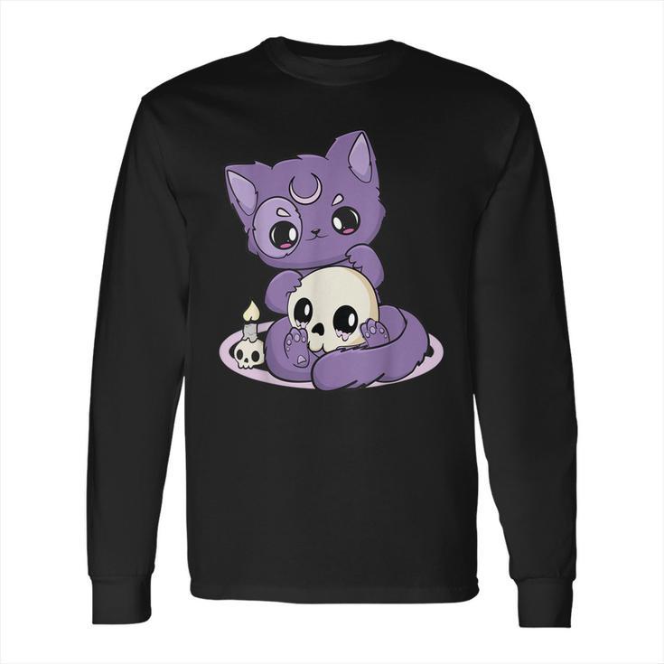 Kawaii Pastel Goth Cute Creepy Black Cat And Skull Anime Nu Long Sleeve T-Shirt