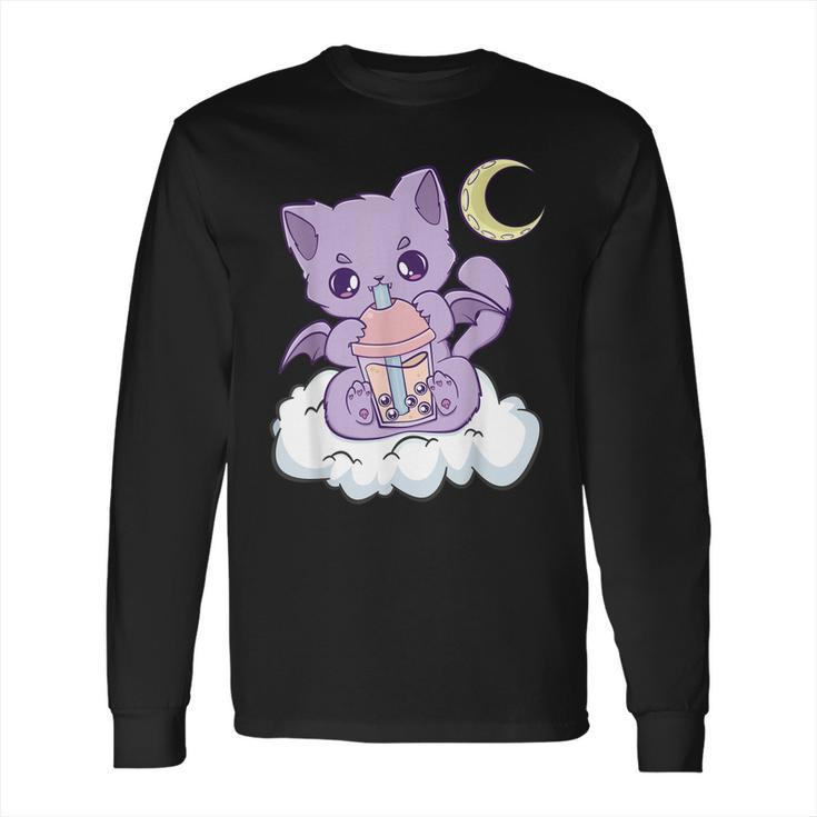 Kawaii Pastel Goth Cute Creepy Witchy Cat Boba Anime Kitten Long Sleeve T-Shirt