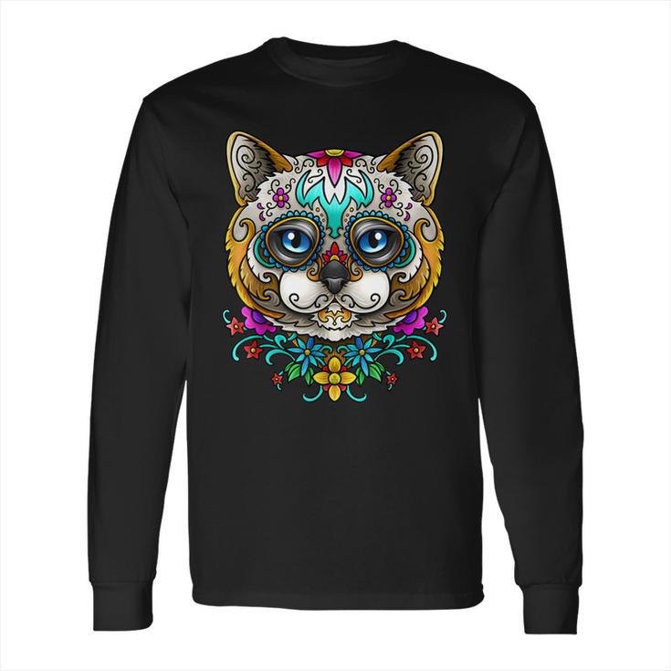 Kitty Cat Sugar Skull  Day Of The Dead Dia De Muertos Long Sleeve T-Shirt