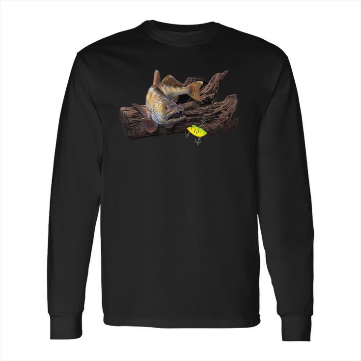 Mens Large Walleye And Vertical Lure Fishing Long Sleeve T-Shirt