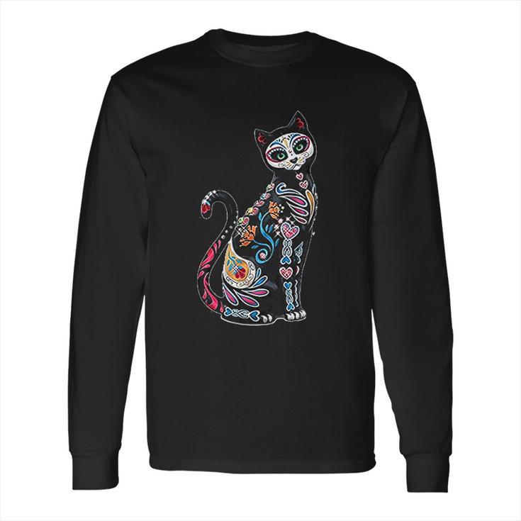 Mosaic Skull Day Of The Dead Cat Art Gift Long Sleeve T-Shirt