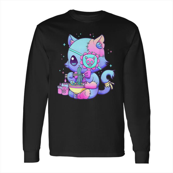 Pastel Goth Aestic Kawaii Creepy Cat Eating Ramen Noodles Long Sleeve T-Shirt