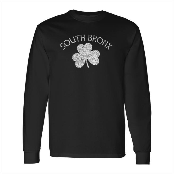 South Bronx Ny Irish Shamrock Distressed White Print Long Sleeve T-Shirt