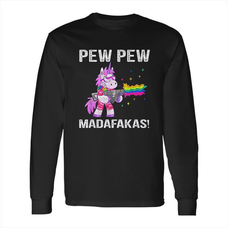 Unicorn Pew Pew Madafakas Vintage Crazy Cat Funny Graphic Long Sleeve T-Shirt