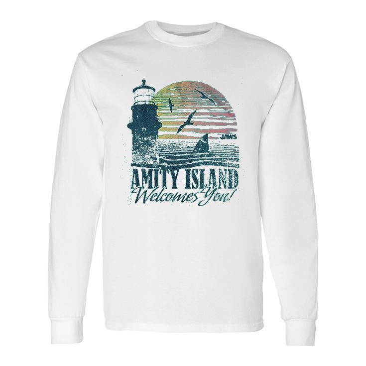 Jaws  Amity Island Welcomes You Lighthouse Mahi Heather Long Sleeve T-Shirt