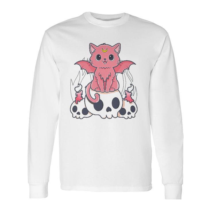 Kawaii Pastel Goth Cute Creepy Demon Cat And Skull Anime Art Long Sleeve T-Shirt