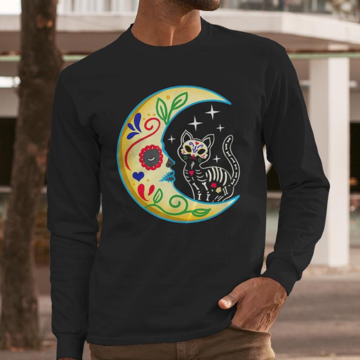 Cat & Moon Sugar Skull Dia De Los Muertos Day Of The Dead V2 Long Sleeve T-Shirt Gifts for Him