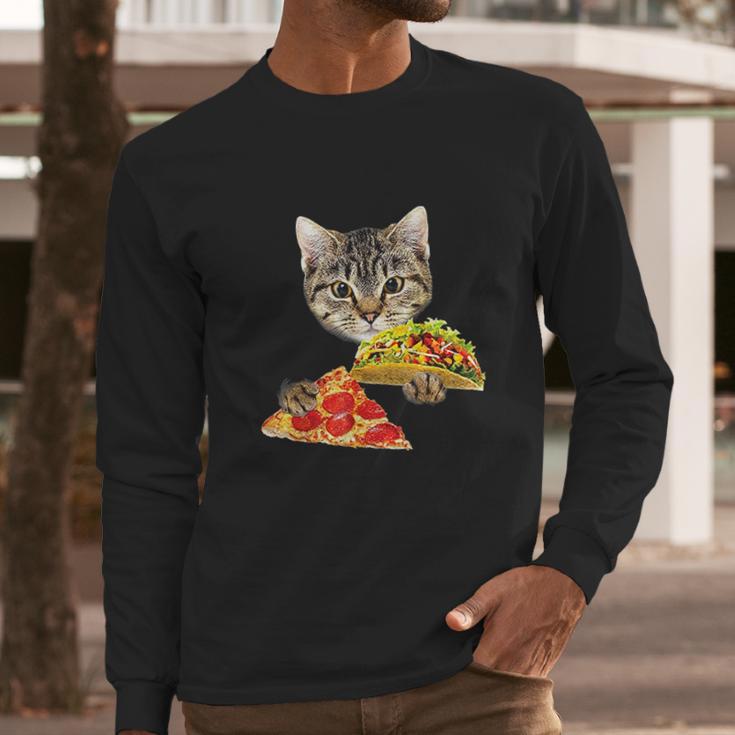 Cat Eating Taco And Pizza Shirt Funny Kitty By Zany Brainy Long Sleeve T-Shirt Gifts for Him