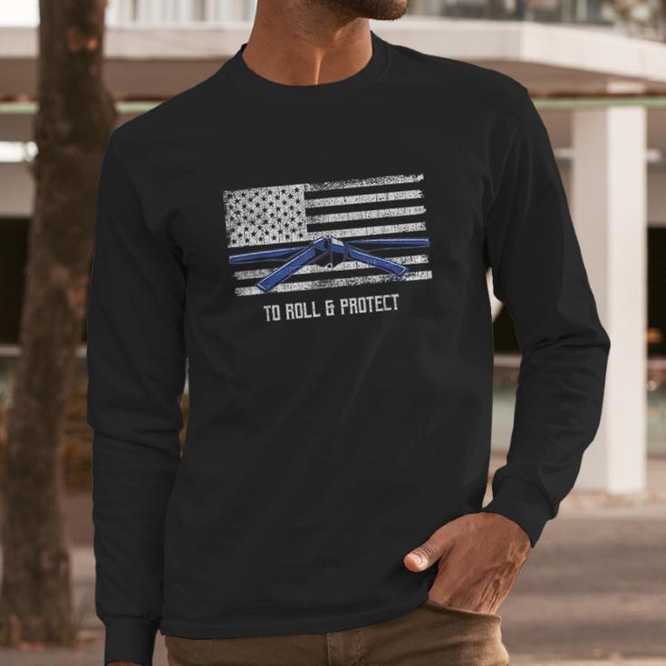 Distressed Police Thin Blue Line Jiu Jitsu Long Sleeve T-Shirt Gifts for Him