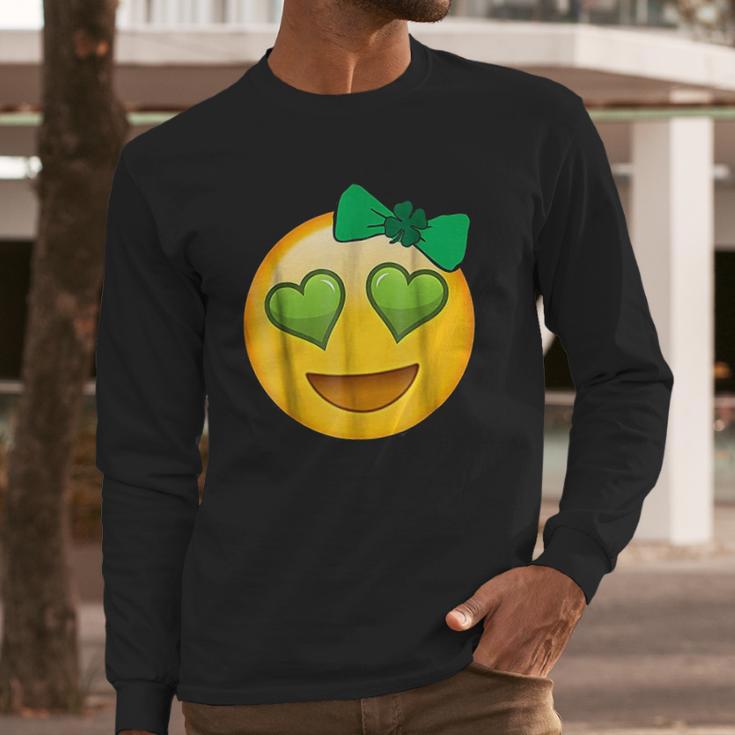 Emoji Saint Patricks Day Girls Green Heart Eyes Bow Long Sleeve T-Shirt Gifts for Him