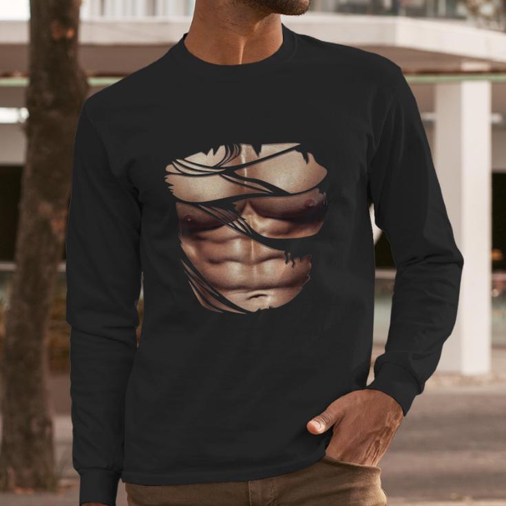 Fake Muscles Ripped Torn Chest Six Pack Abs Fitness Model Long Sleeve T-Shirt Gifts for Him