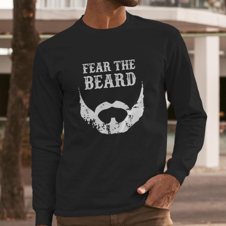 Fear The Beard Tee Distressed Retro Beard &Ampamp Mustache White Long Sleeve T-Shirt Gifts for Him