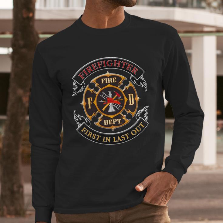 Firefighter Biker Logo First In Last Out Long Sleeve T-Shirt Gifts for Him