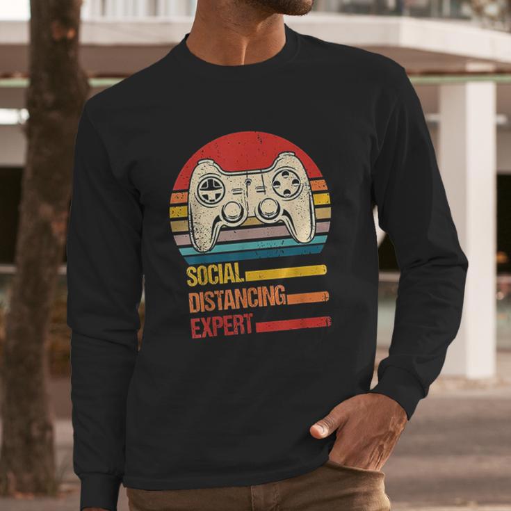 Funny Gaming Vintage Video Gamer Social Distancing Expert Long Sleeve T-Shirt Gifts for Him