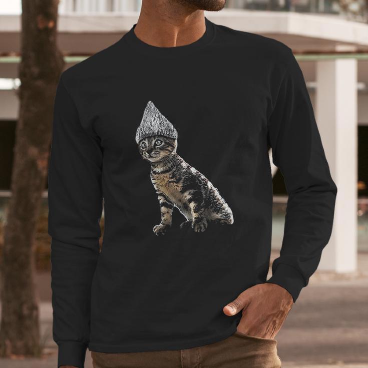 Funny Halloween Cat Tin Foil Hat Conspiracy For Men Long Sleeve T-Shirt Gifts for Him