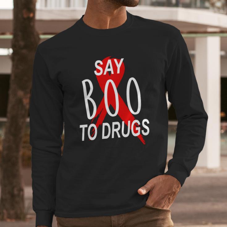 Funny Halloween Say Boo To Drugs Awareness Red Ribbon Long Sleeve T-Shirt Gifts for Him