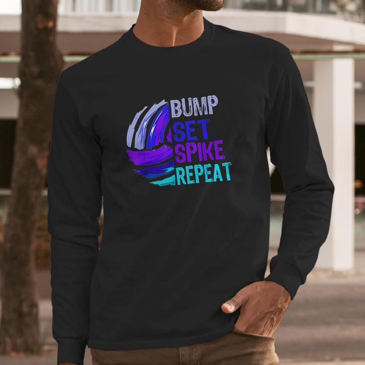 Girls Volleyball Bump Set Spike Repeat Blue Purple Teen Gift Long Sleeve T-Shirt Gifts for Him