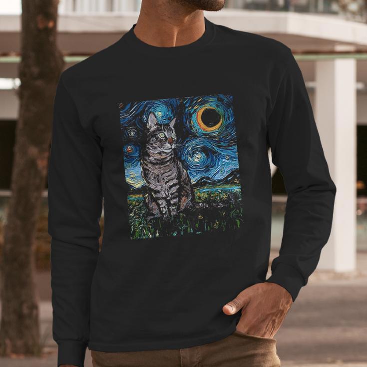 Gray Tabby Tiger Cat Starry Night Moon And Stars Art By Aja Long Sleeve T-Shirt Gifts for Him