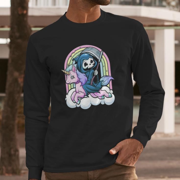 Kawaii Pastel Goth Cute Creepy Unicorn Grim Reaper Long Sleeve T-Shirt Gifts for Him