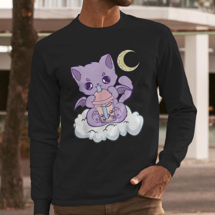 Kawaii Pastel Goth Cute Creepy Witchy Cat Boba Anime Kitten Long Sleeve T-Shirt Gifts for Him