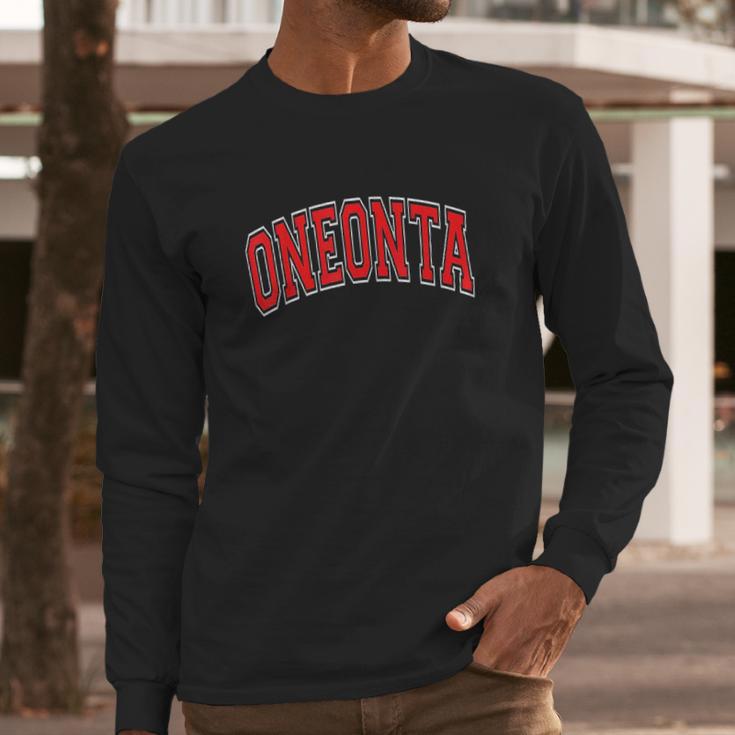 Oneonta Ny New York Varsity Style Red Text Long Sleeve T-Shirt Gifts for Him